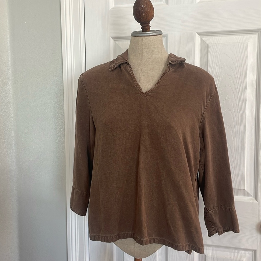 Vintage Russ Berens linen V-neck pullover 3/4 sleeve shirt top brown womens  S